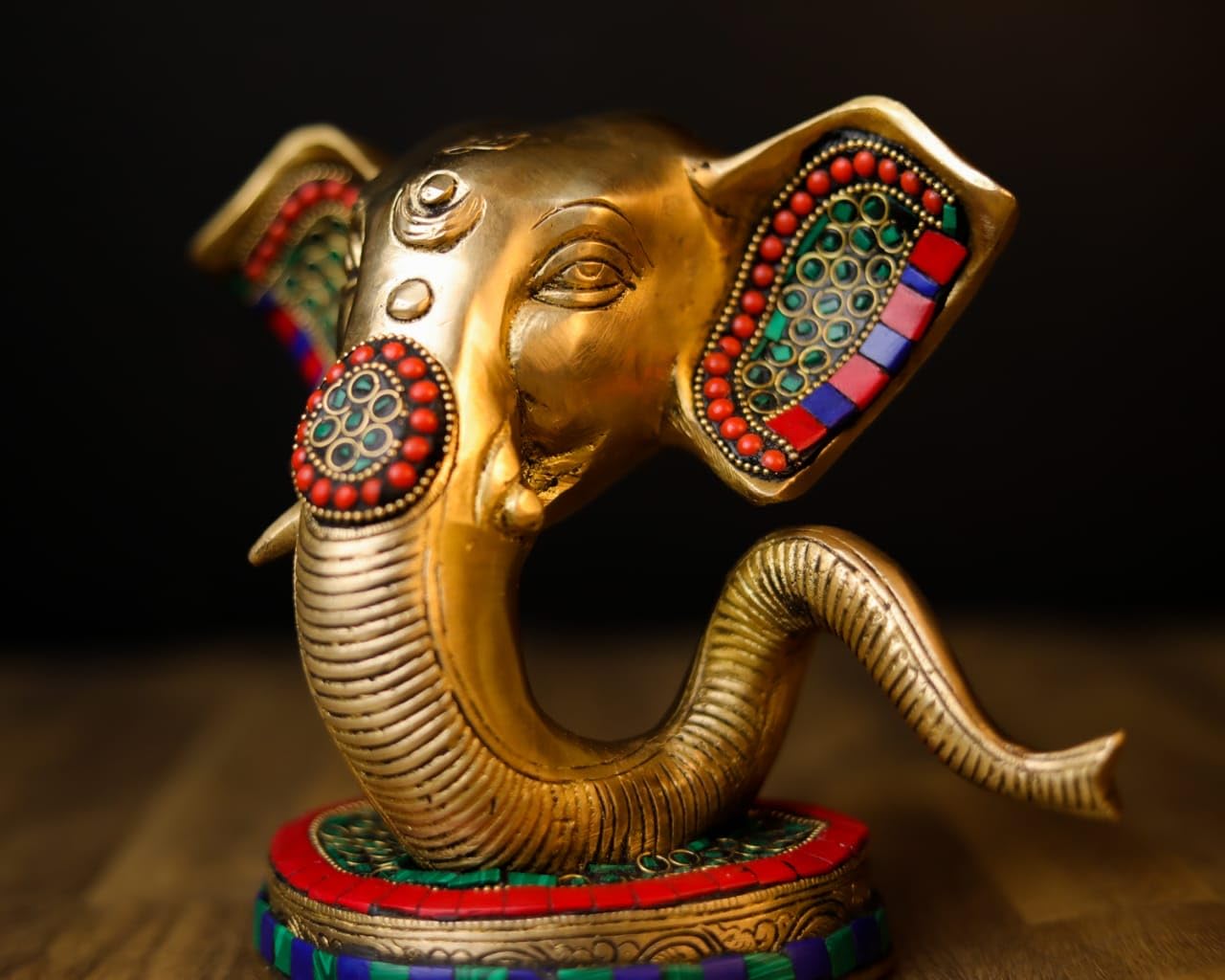 Mridaya Brass Ganesha Head Statue With Basestonework, 23 Cm Brass Ganesh Statue, Ganpati Idol, Good Luck Gift For New Beginnings